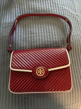 Tory Burch Red Quilted Patent Shoulder Bag with Cream Trim and Gold Logo